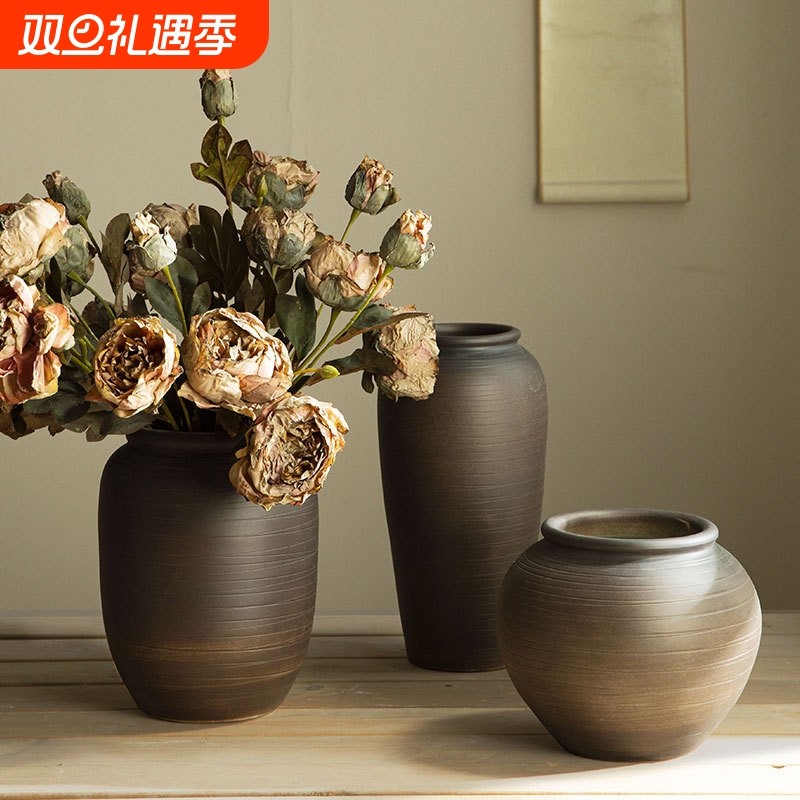 景德镇复古粗陶罐日式禅意手工花瓶螺纹花器家居客厅装饰插花花盆