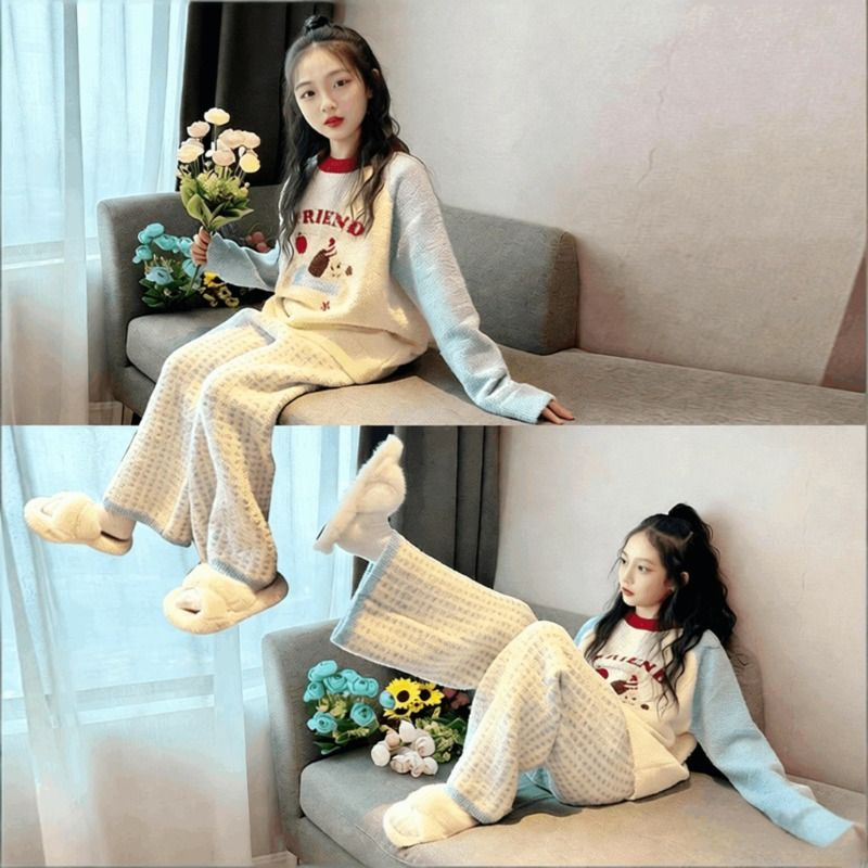 儿童睡衣女孩冬2025新款女大童初中生半边绒女童冬季珊瑚绒家居服