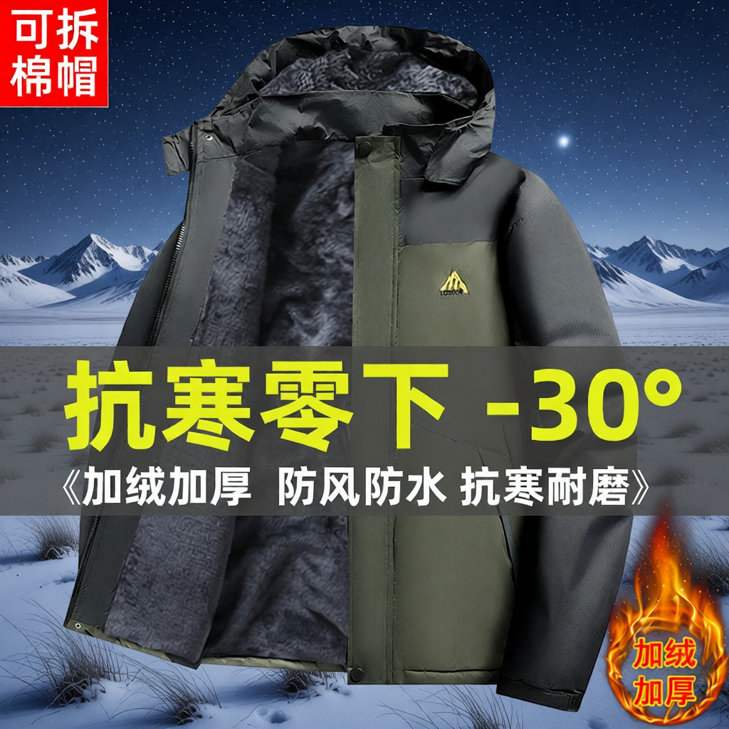 加绒加厚冲锋衣男款秋冬季外套工装防寒服劳保服内胆耐磨可拆卸