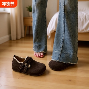 棕色平底单鞋女秋冬季一脚蹬勃肯鞋2025新款配裙子内增高玛丽珍鞋