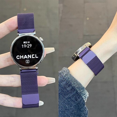 适用华为GT5表带GT4gt5Pro米兰女款磁吸gt3小米watchs4手表watch5男女夏color1/2透气41mm紫色硅胶女表银色