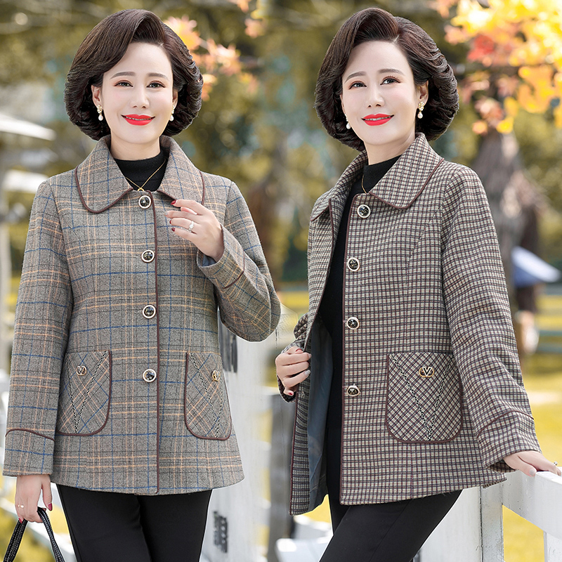 中年妈妈春秋小西装短外套女2025春秋新款中老年洋气减龄格子上衣