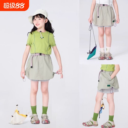 女孩半身裙夏季2025亲子假两件户外百搭工装双层短裙裤裙防走光