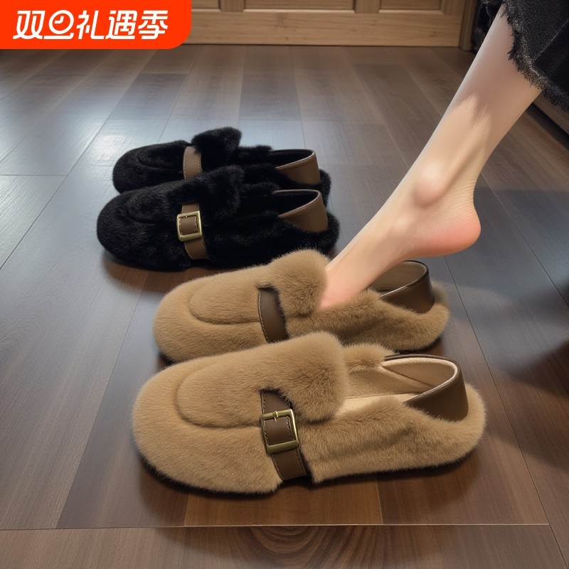 水貂毛毛鞋女冬季外穿2025新款网红皮带扣一脚蹬两穿软底豆豆棉鞋