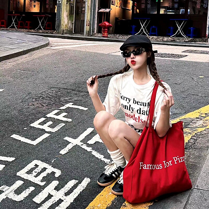夏天帆布包韩系慵懒风松弛红色文艺设计感小众感女2025新款高级感