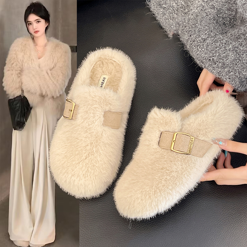 水貂毛厚底勃肯包头毛毛拖鞋女2025新款秋冬一脚蹬毛绒棉拖鞋白色