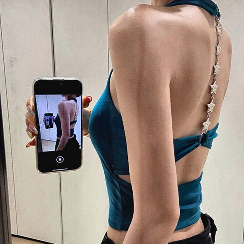 泰式绝美辣妹穿搭蓝色露背带胸垫吊带背心女外穿挂脖上衣红色内搭