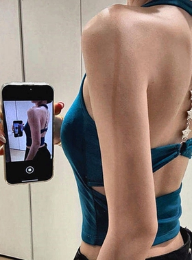 泰式绝美辣妹穿搭蓝色露背带胸垫吊带背心女外穿挂脖上衣红色黑色