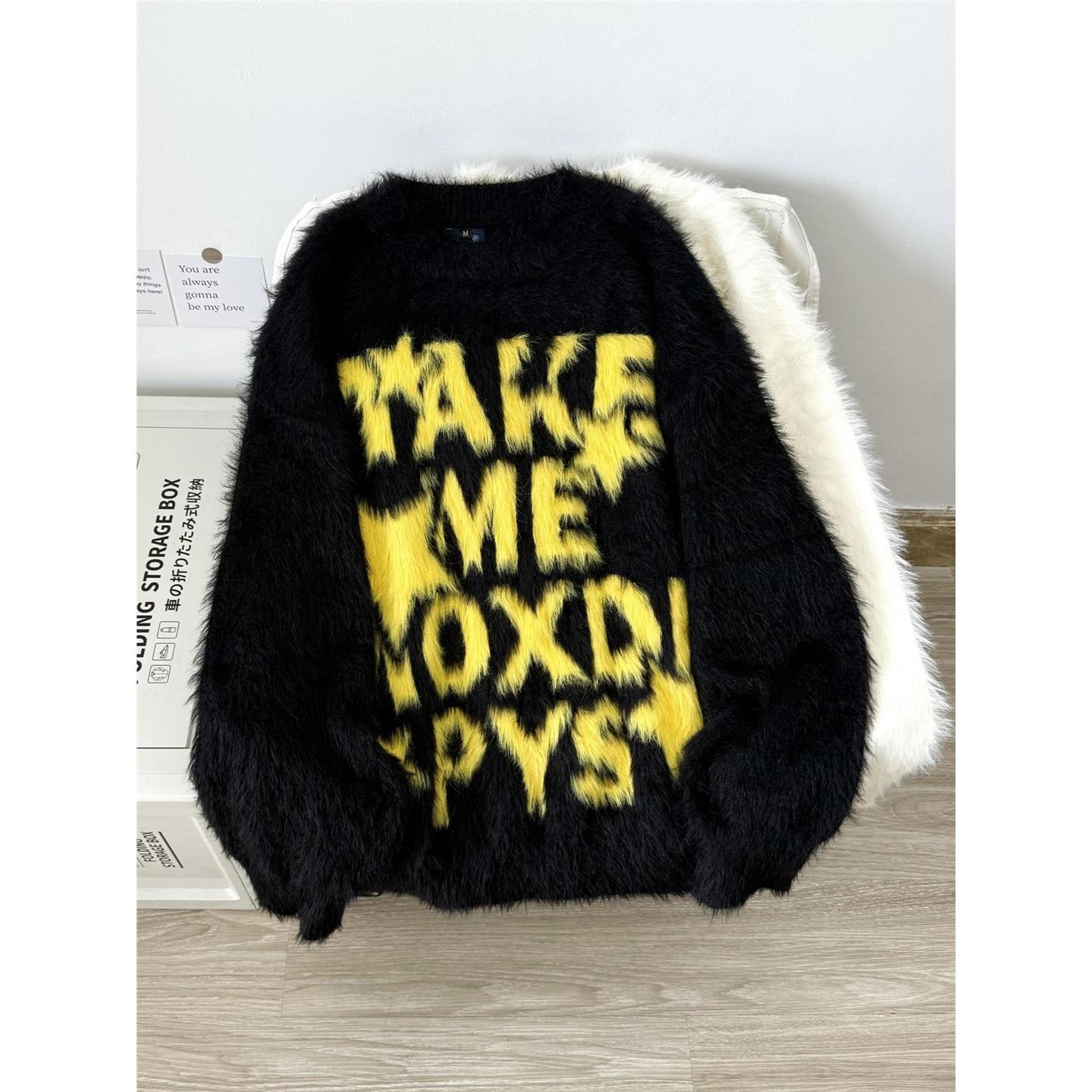 美式国潮字母青少年慵懒风情侣毛衣男女秋冬款宽松圆领针织衫外套