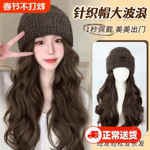 帽子假发一体帽子假发女时尚秋冬针织帽大波浪卷发仿真发全真人发