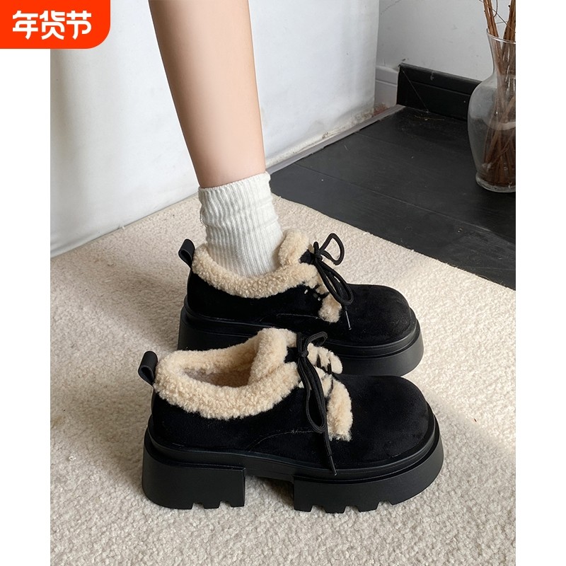 厚底加绒棉鞋女2025年冬季新款英伦风百搭保暖增高防滑毛毛雪地靴,女鞋,棉鞋,淘宝优惠券,粉丝福利购,淘宝优惠卷