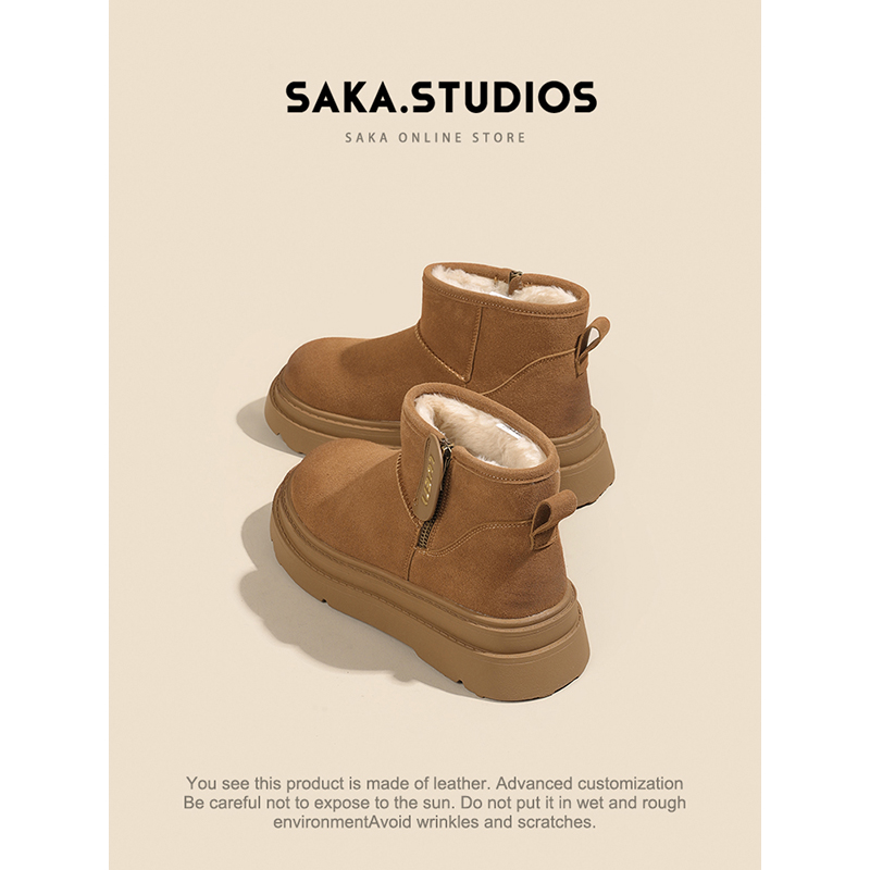 saka真皮！雪地靴女2025冬季防滑加绒棉鞋女短靴防水毛绒卡其色