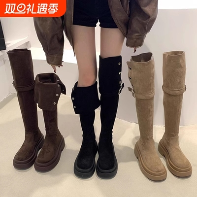 两穿翻折套筒厚底长筒靴子女2025年秋冬季新款过膝骑士靴鞋子黑色