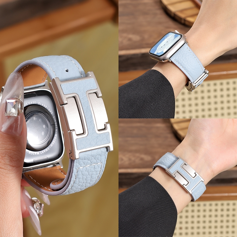 适用iwatchS10苹果手表applewatch9柔软真皮8秋冬SE新款7高级感6升级折叠扣荔枝纹5智能ultra男生41女生运动