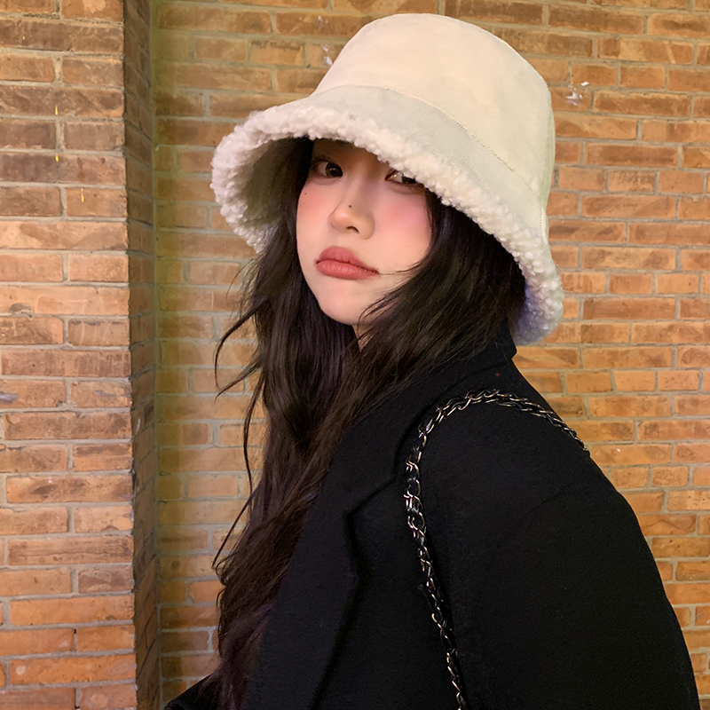 大头星球新款渔夫帽女双面灯芯绒帽子韩版冬季毛绒羊羔毛水桶盆帽