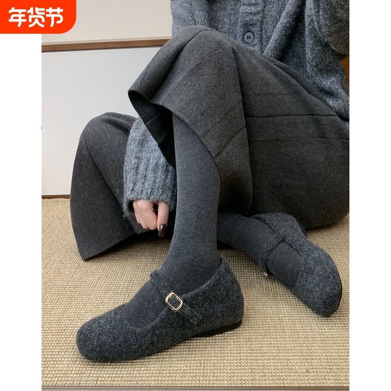 内增高玛丽珍毛毛鞋女冬灰色呢子单鞋女厚底加绒棉鞋黑色圆头浅口,女鞋,浅口单鞋,淘宝优惠券,粉丝福利购,淘宝优惠卷