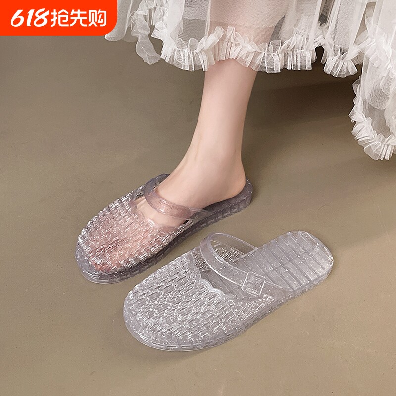 【水晶透明】凉拖鞋女夏季外穿防滑防臭包头懒人半拖中老年妈妈鞋