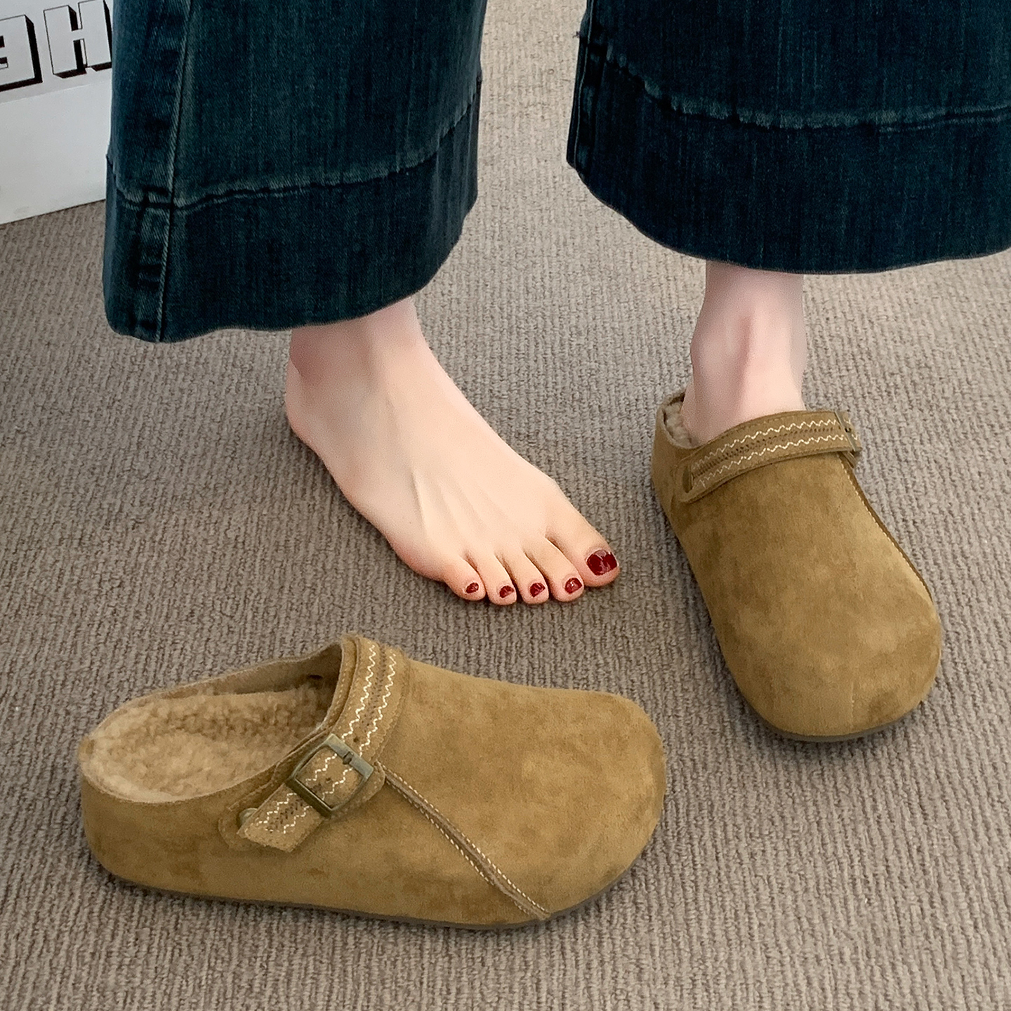 勃肯鞋厚底半拖鞋女外穿2025新款秋冬加绒一脚蹬包头拖鞋博肯单鞋