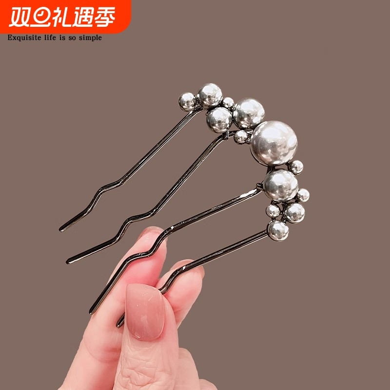 珍珠发簪u型叶子低丸子头盘发神器发钗簪子女大号发插钗子u形发夹
