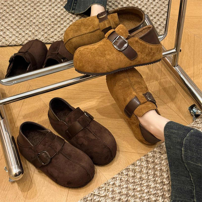 2025冬季新款厚底内增高勃肯鞋女丑萌两穿女加绒棉鞋单鞋平底棕色