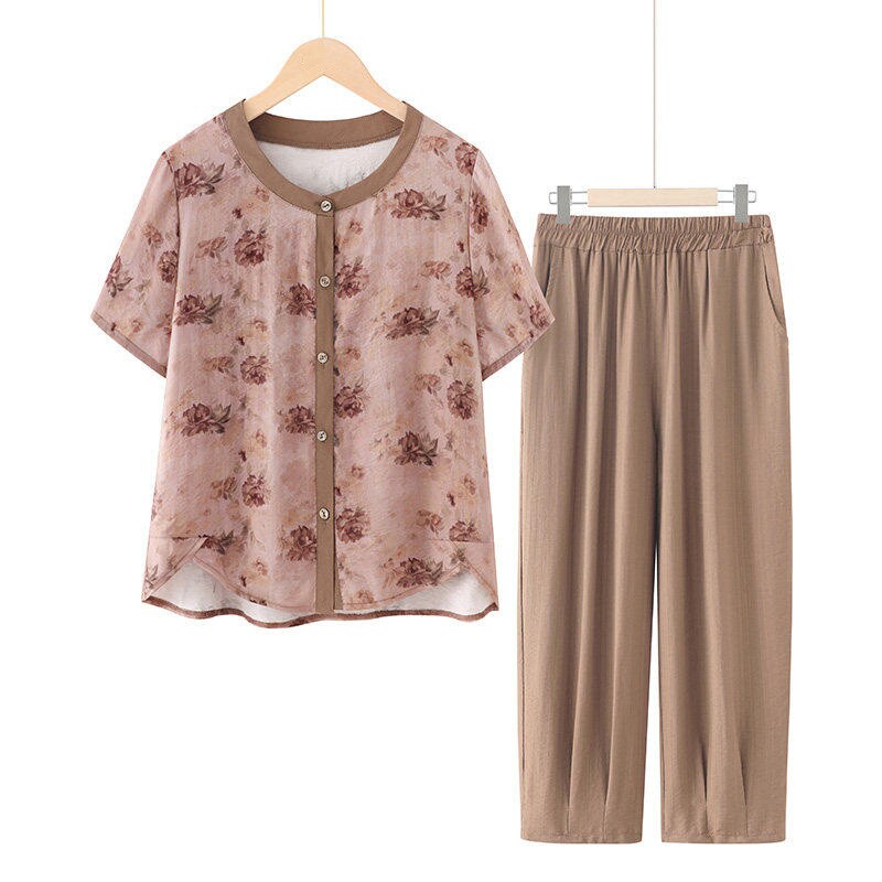 奶奶夏装套装中老年人女冰丝短袖T恤妈妈老人老太太大码衣服薄款