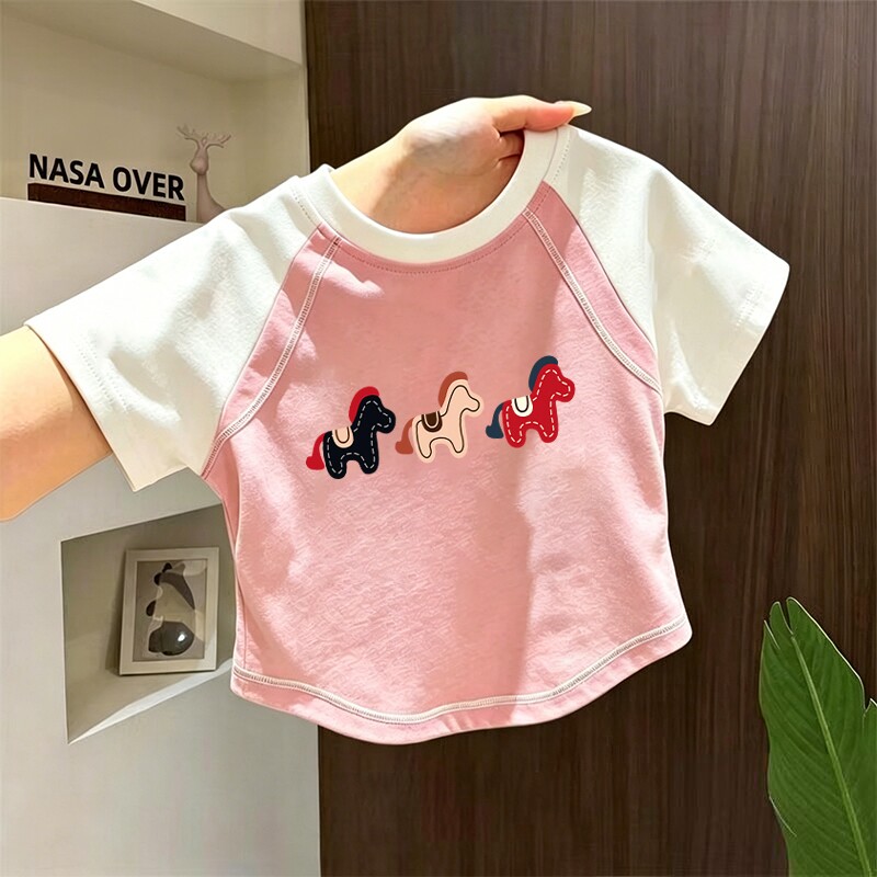 女童夏季新款拼接撞色短袖T恤图片
