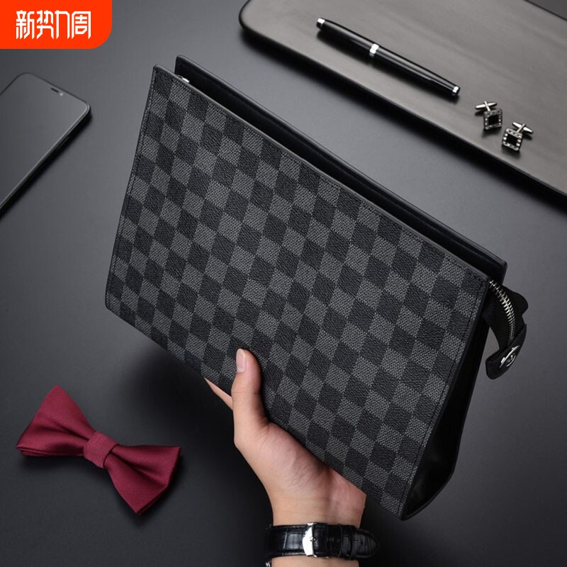 潮牌手包男士手拿包棋盘格子时尚手抓包夹包大容量商务休闲手拎包