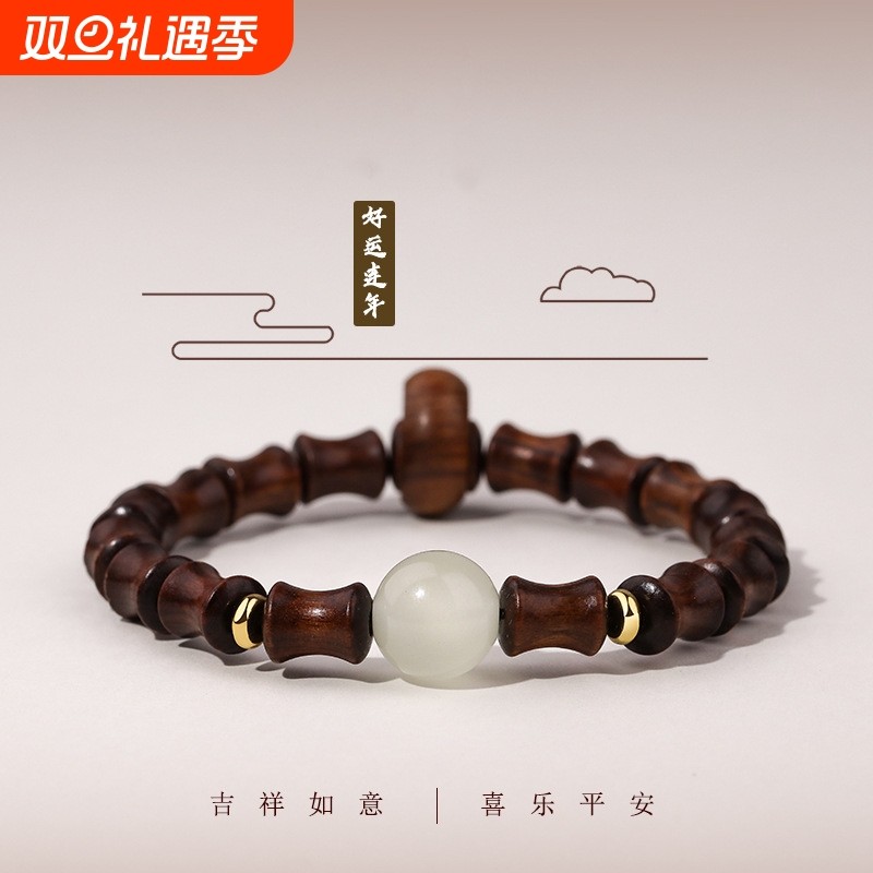 天然绿檀圆珠木质佛珠转运珠新中式男女通用手串单圈盘玩文玩手链