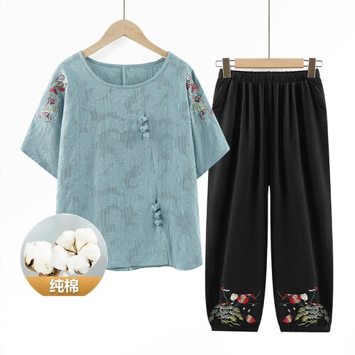 妈妈夏装纯棉T短袖套装大码上衣