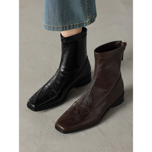 羊皮小短靴女2025年秋冬新款真皮气质方头软底平底瘦瘦靴女粗跟