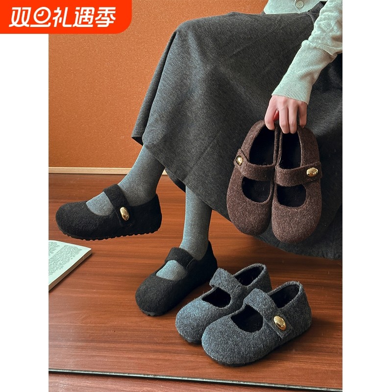 3CM内增高温柔圆头玛丽珍毛毛鞋女2025秋冬季晚风加绒棉勃肯鞋子