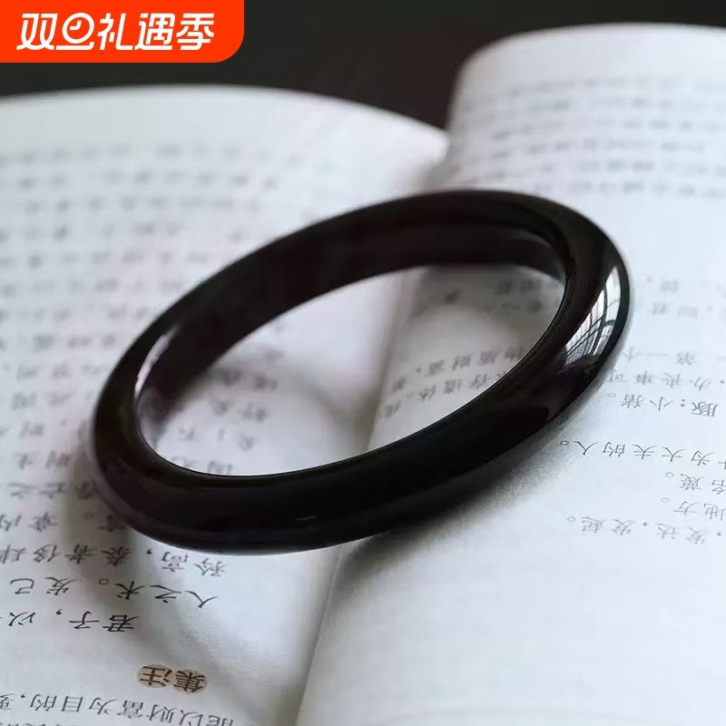 冰种黑曜石手镯乌金黑曜石镯子亮黑色玉镯新款水晶镯男闺蜜礼物