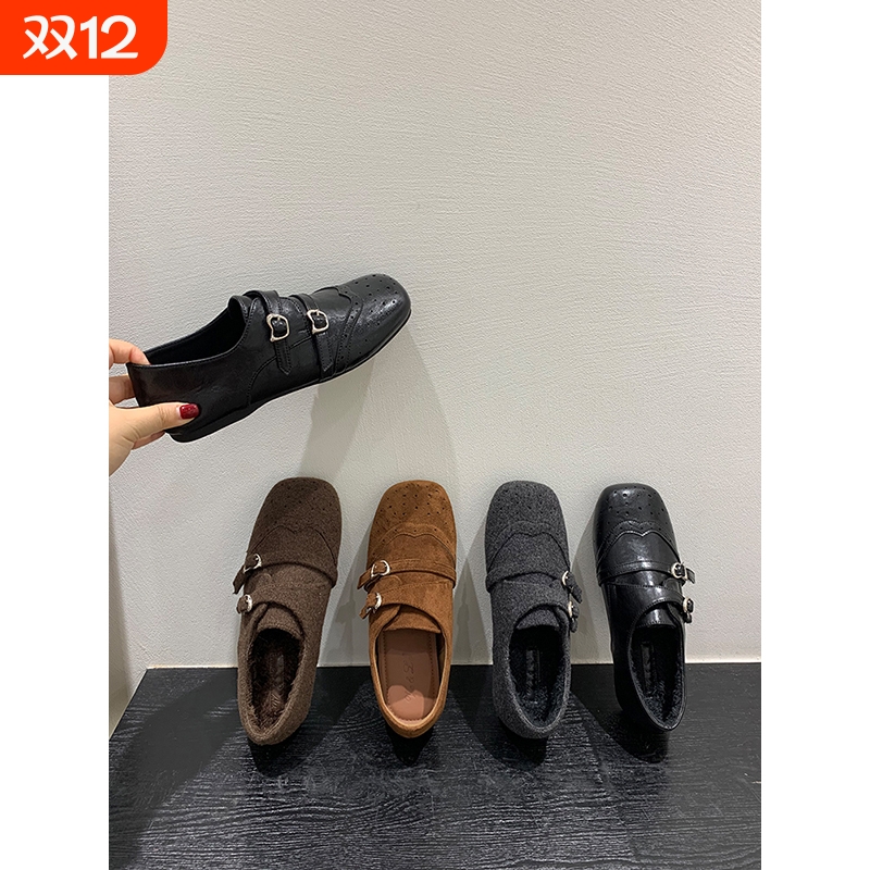 内增高！复古雕花方头乐福鞋女鞋子秋冬新款英伦风单鞋黑色小皮鞋