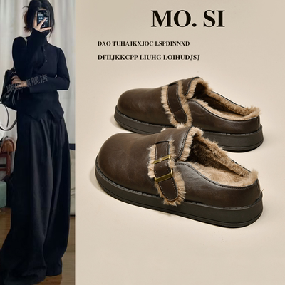 厚底皮面勃肯鞋女毛毛拖鞋2025新款秋冬一脚蹬包头半拖鞋加绒棉拖