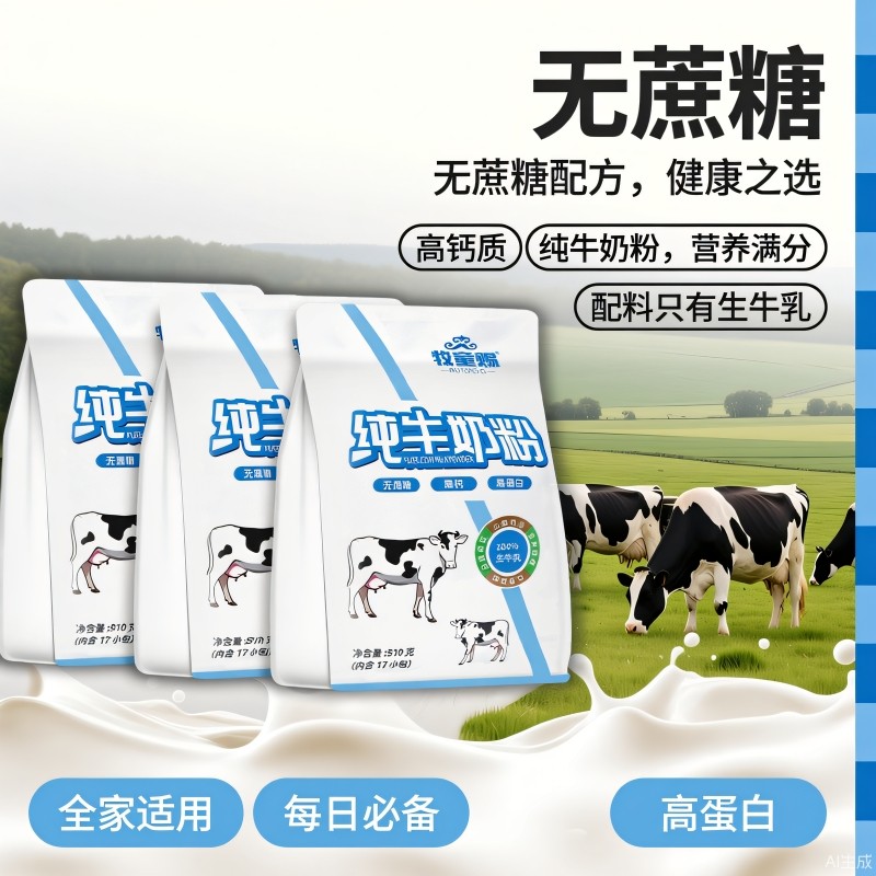 牧童赐优质纯牛奶奶粉510克无蔗糖高钙高蛋白营养健康奶香浓郁