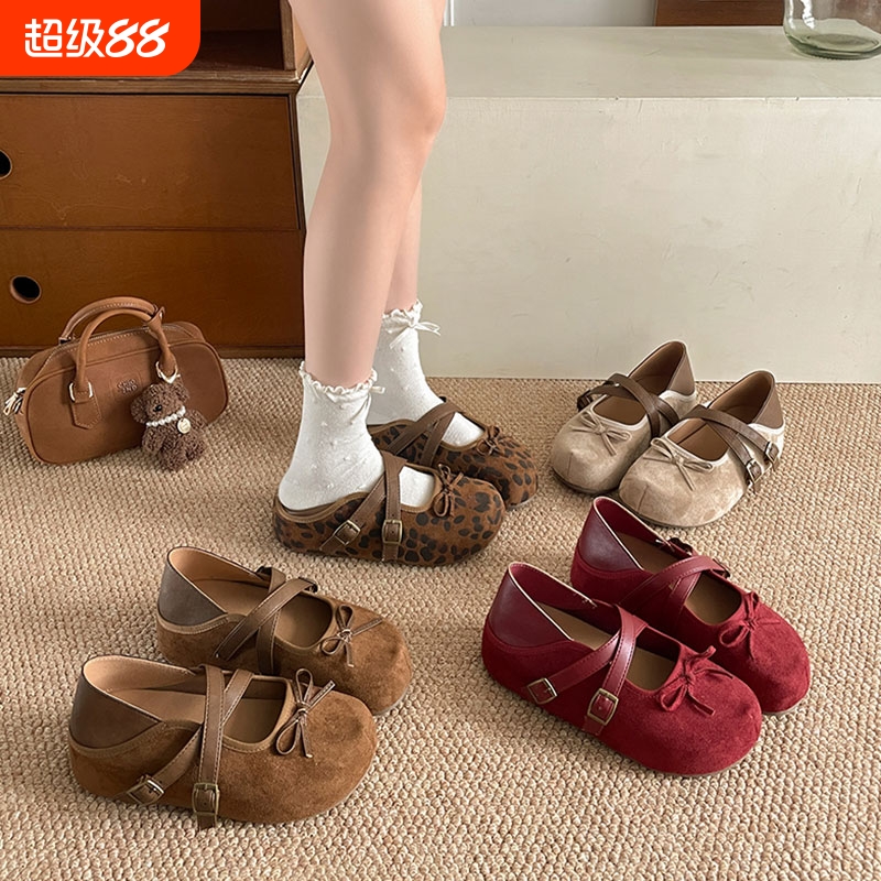 2025秋季新款超火百搭两穿蝴蝶结厚底勃肯鞋包头拖红色平底单鞋