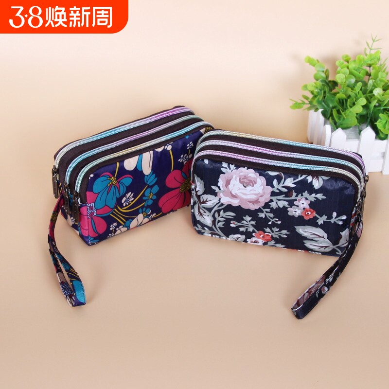 长款三层拉链手拿包大容量帆布女士零钱包日韩风格简约小包牛钥匙