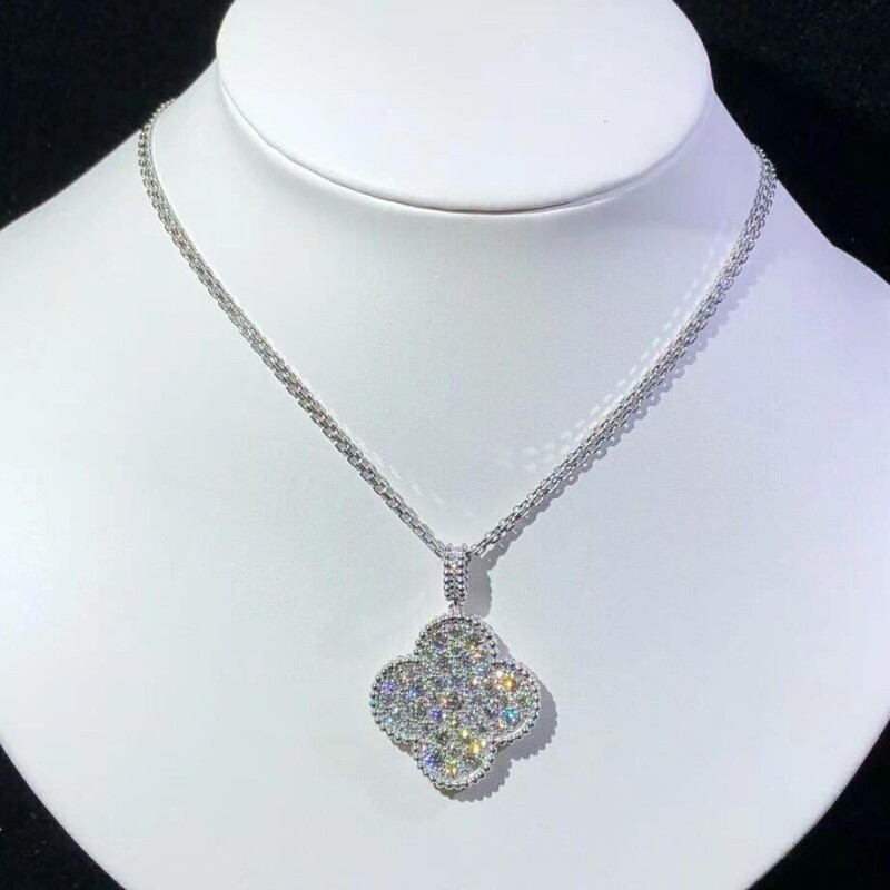 超闪白金品质满钻幸运草项链锁骨链952银不过敏925银金色纯银