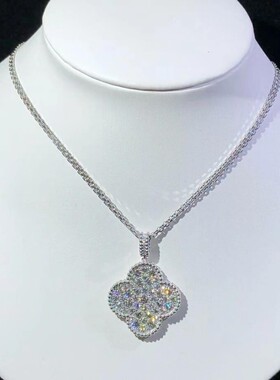 超闪白金品质满钻幸运草项链锁骨链952银不过敏925银金色纯银