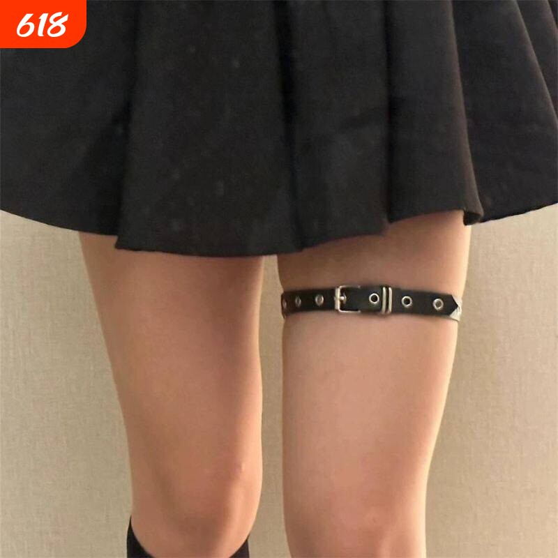 赵露思同款暗黑朋克辣妹腿链女钉针扣腿环性感腿饰可调节黑色