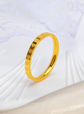 钛钢戒指不掉色18K金满圈爱心女ins小众设计轻奢时尚情侣素圈指环