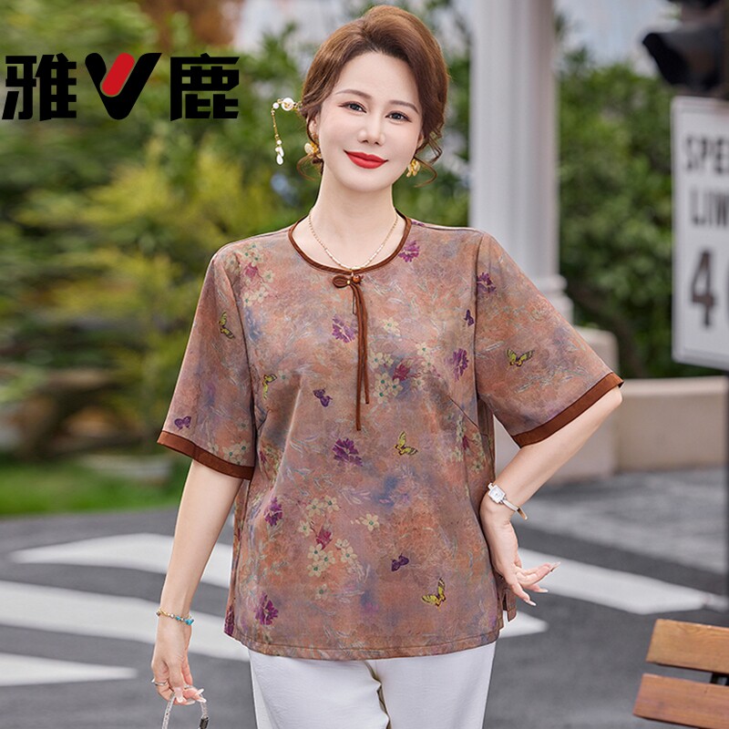 雅鹿中老年夏装妈妈新中式宽松T恤女夏季老人太太国风薄款上衣服