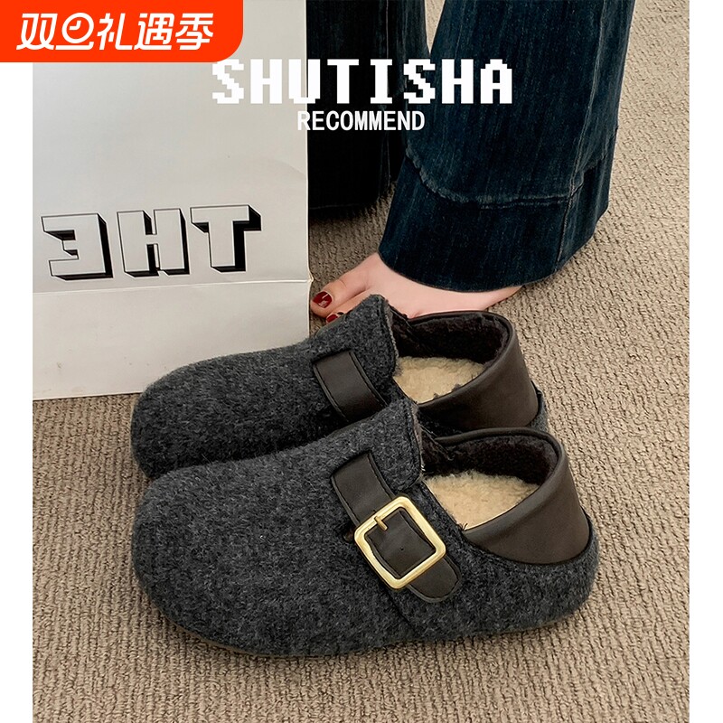 复古内增高两穿勃肯鞋女2025新款秋冬毛绒超火灰色厚底加绒棉鞋子