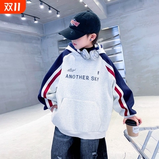 运动上衣薄款 男童秋冬韩系撞色加绒连帽卫衣2025新款 儿童男孩冬季
