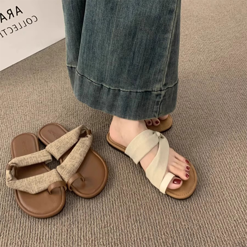 休闲沙滩平底防滑凉鞋女夏季亚麻罗马鞋子外穿拖鞋一字带套趾绑带