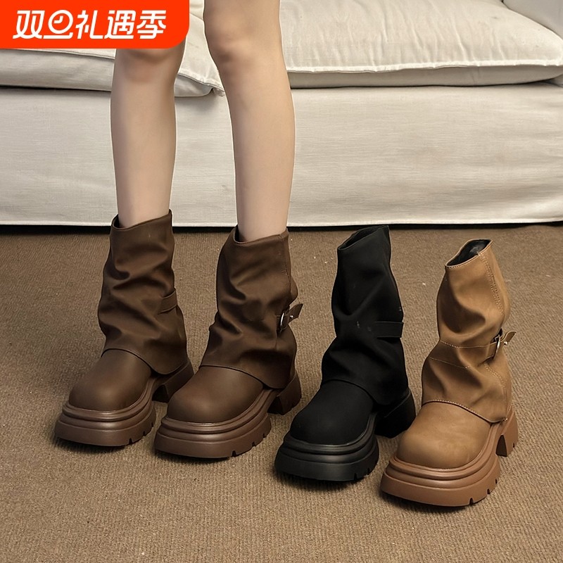 厚底短靴子女2025新款秋冬季英伦风马丁靴棕色美拉德堆堆靴裤管靴