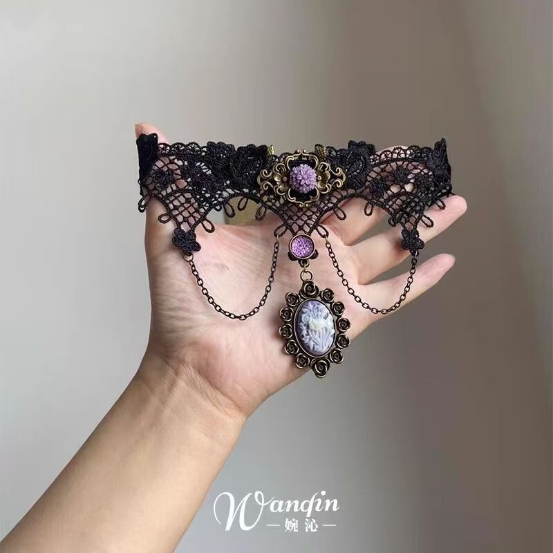 「曼陀罗」暗黑风黑色蕾丝紫色花朵项链哥特亚文化复古小众choke