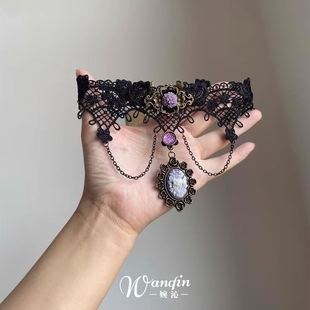 「曼陀罗」暗黑风黑色蕾丝紫色花朵项链哥特亚文化复古小众choker