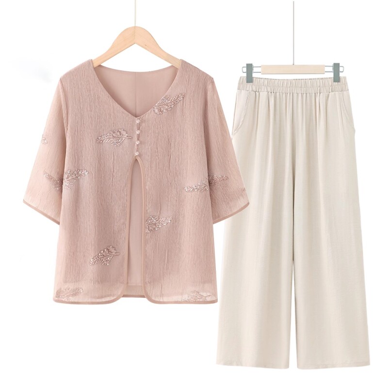 妈妈夏装套装2025新款雪纺小衫中老年人女夏季短袖t恤上衣薄款