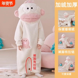 丑鱼珊瑚绒睡衣女款2025新款冬季高级感男加厚儿童睡袍连体家居服